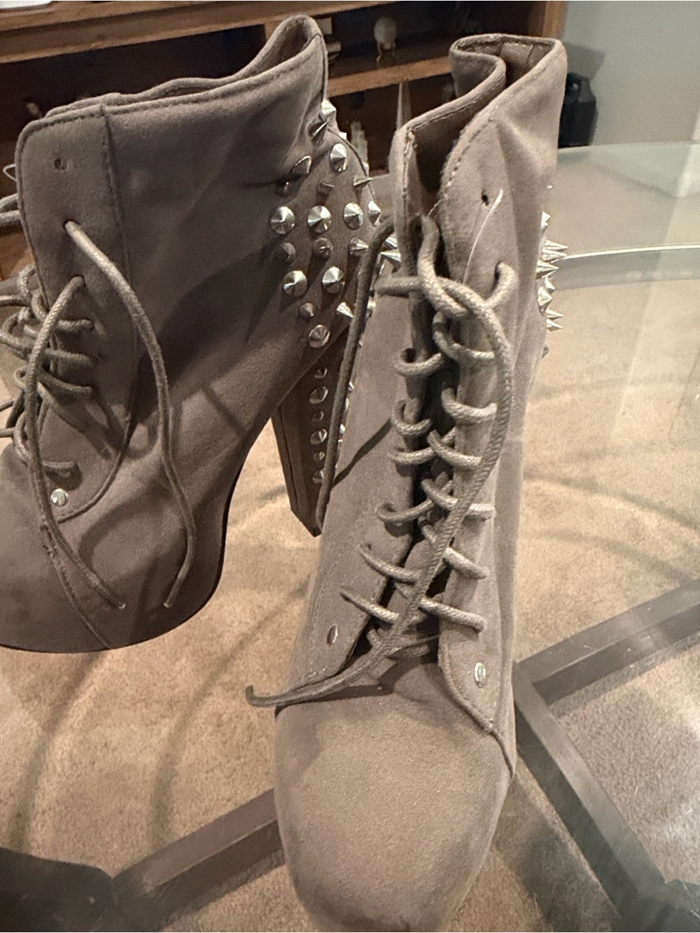 Glaze Women's Gray Lace-Up Platform Booties with Silver Studs